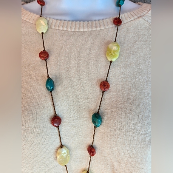 Vintage Turquoise,lemon Jasper & Red Quartz Bronze Pendant Necklace Hand Knotted - Picture 4 of 11